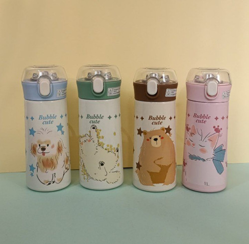 قمقمه کودک استیل ۳۸۰ میل دوجداره با طرح کودکانه و دسته سیلیکونی رنگی