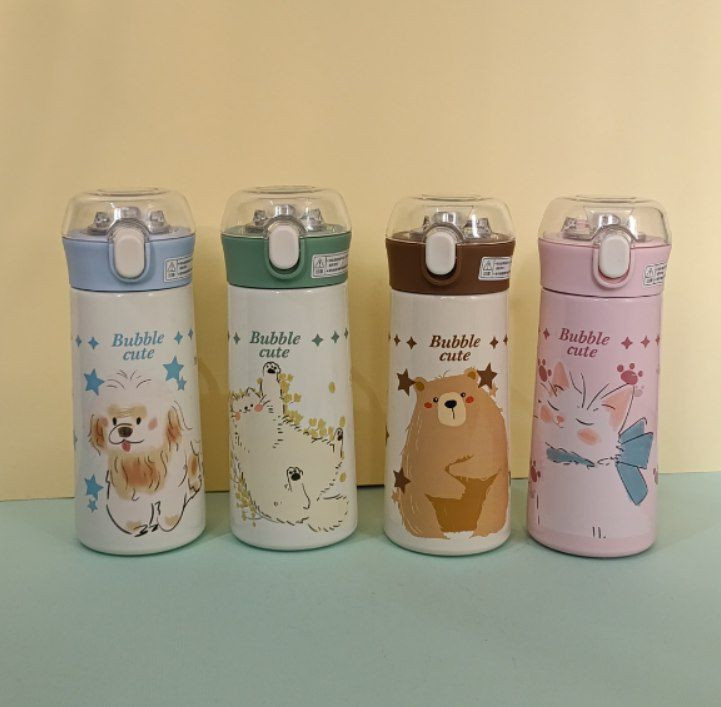 قمقمه کودک استیل ۳۸۰ میل دوجداره با طرح کودکانه و دسته سیلیکونی رنگی