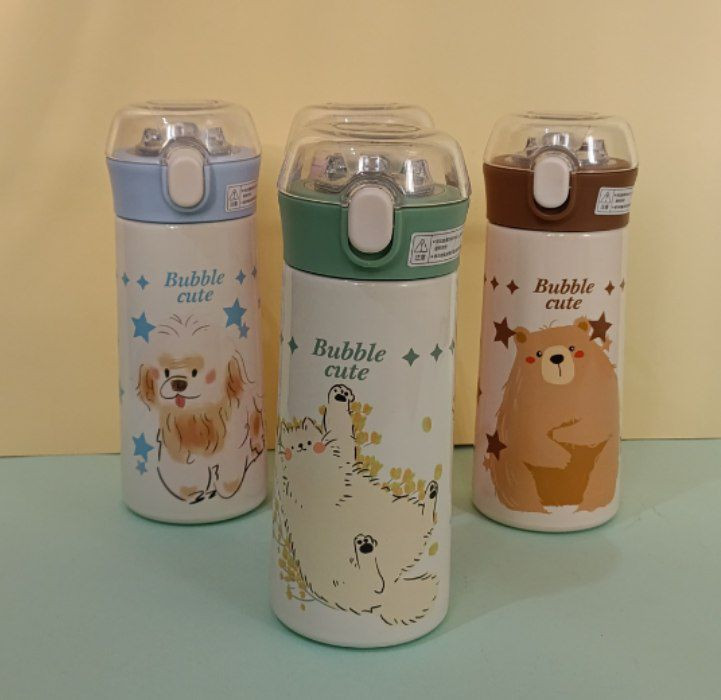 Kids stainless steel water bottle with silicone straw and colorful handle for school