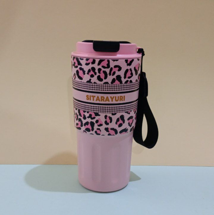 Sitarayori 600ml Leopard Travel Mug با بدنه استیل دوجداره و در پیچی ضدنشتی