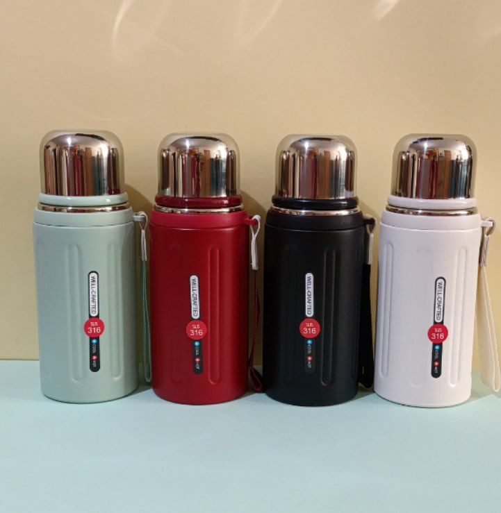 فلاسک استیل ۳۱۶ شیاردار با درب استیل پیچی و درب داخلی دکمهای