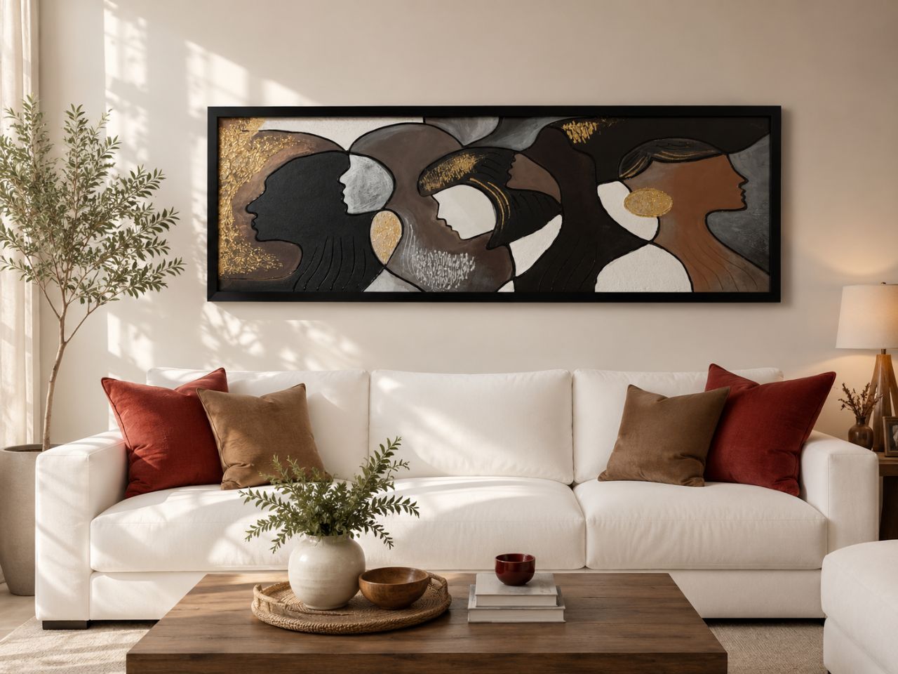 تابلو دکوراتیو مدرن طرح چهره انتزاعی سه زن | تابلو آبستره برجسته 120×45